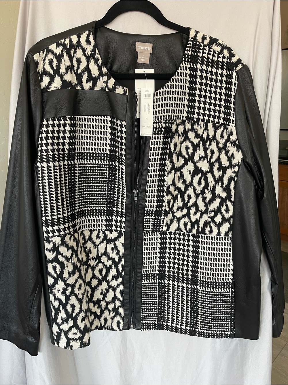 Chico's Black & White Patchwork Faux Leather-Trim Jacket